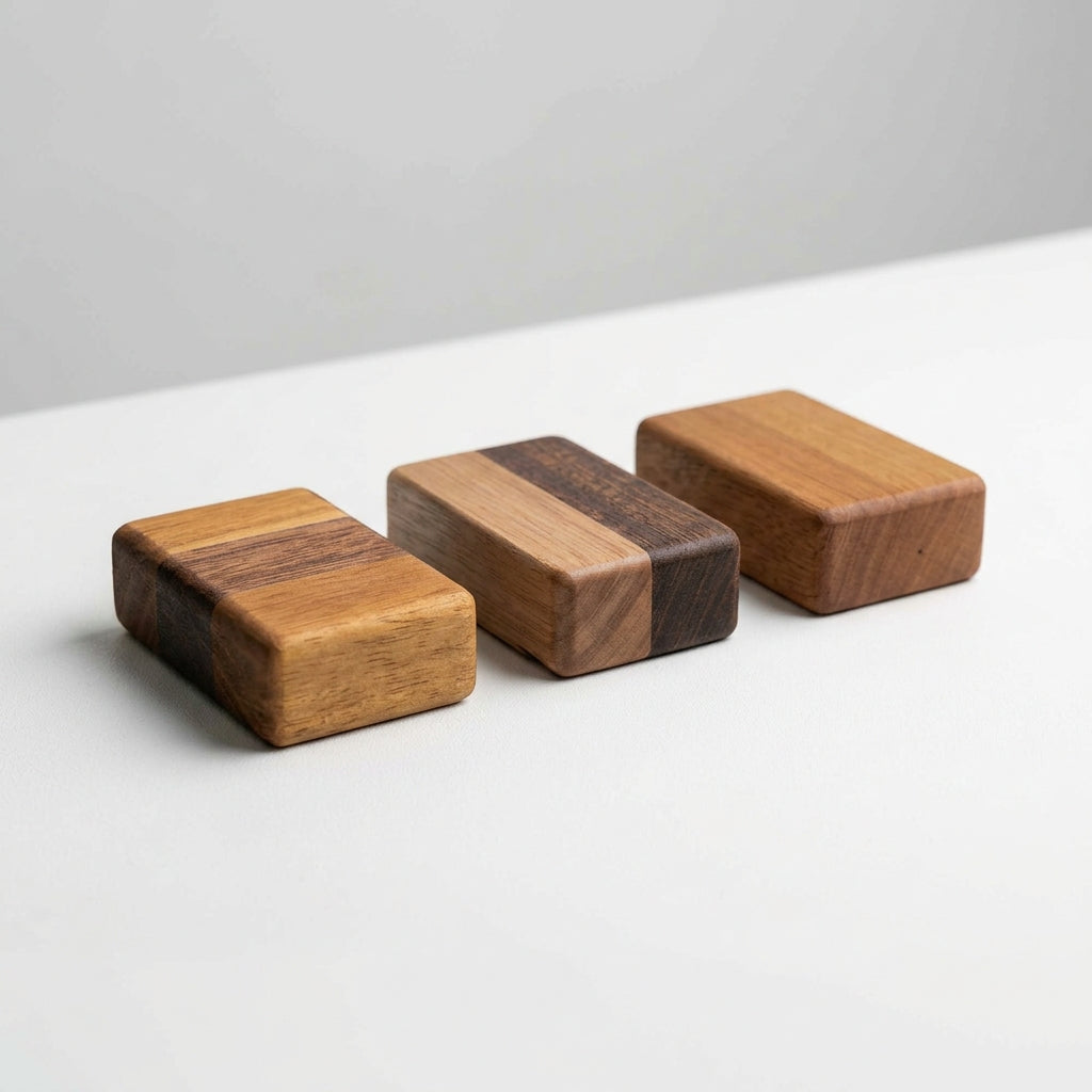 Three small rectangular wooden blocks with rounded corners, shown on a white surface against a light gray background. Each block has a different wood grain pattern and color, including solid light brown, striped light and dark brown, and solid medium brown.
