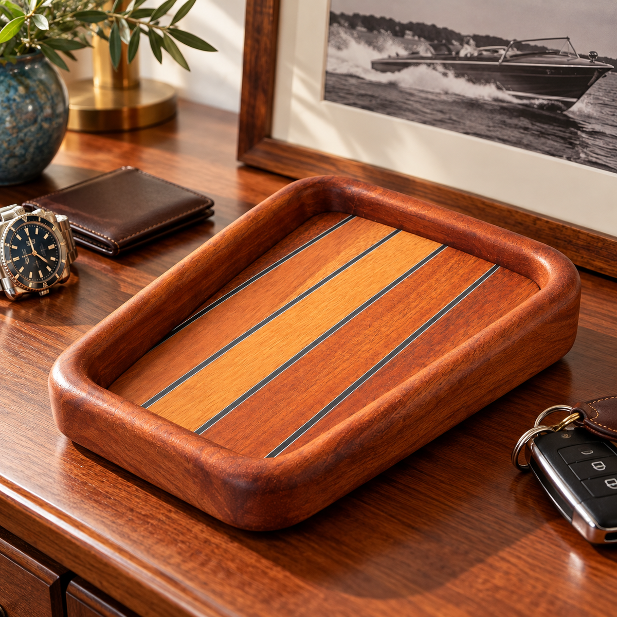 Corsaro - Solid Mahogany Nautical Valet Tray with Yacht Decking