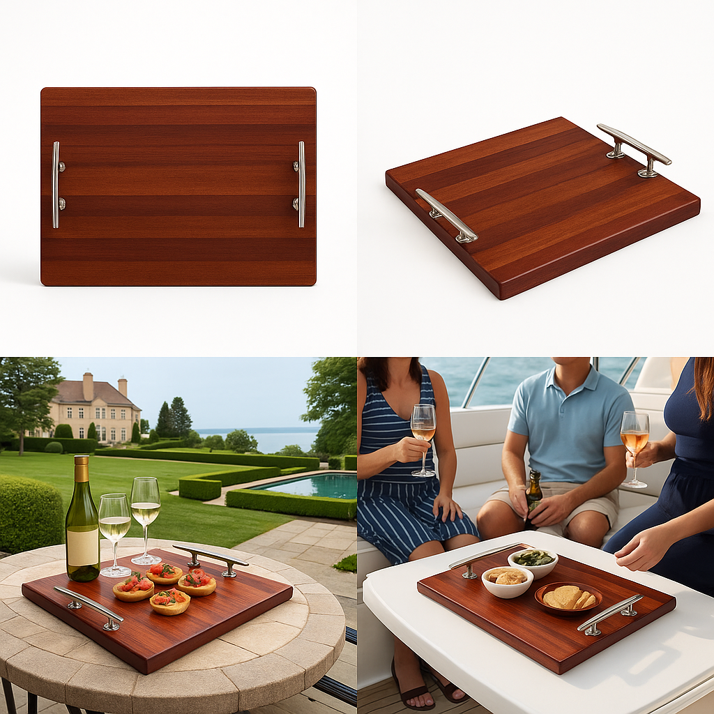 Butcher Block Mahogany Serving Tray/ Cutting Board with Boat Cleat Handles