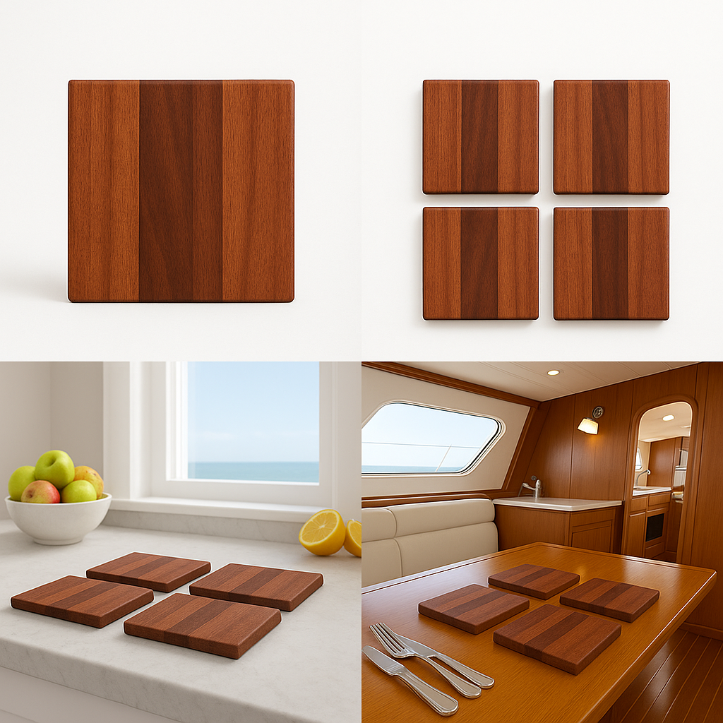 Mahogany Butcher Block Coasters by Marine Mahogany (4" x 4" x .5", 4-Pack) - handcrafted mahogany coasters with rich grain and smooth finish