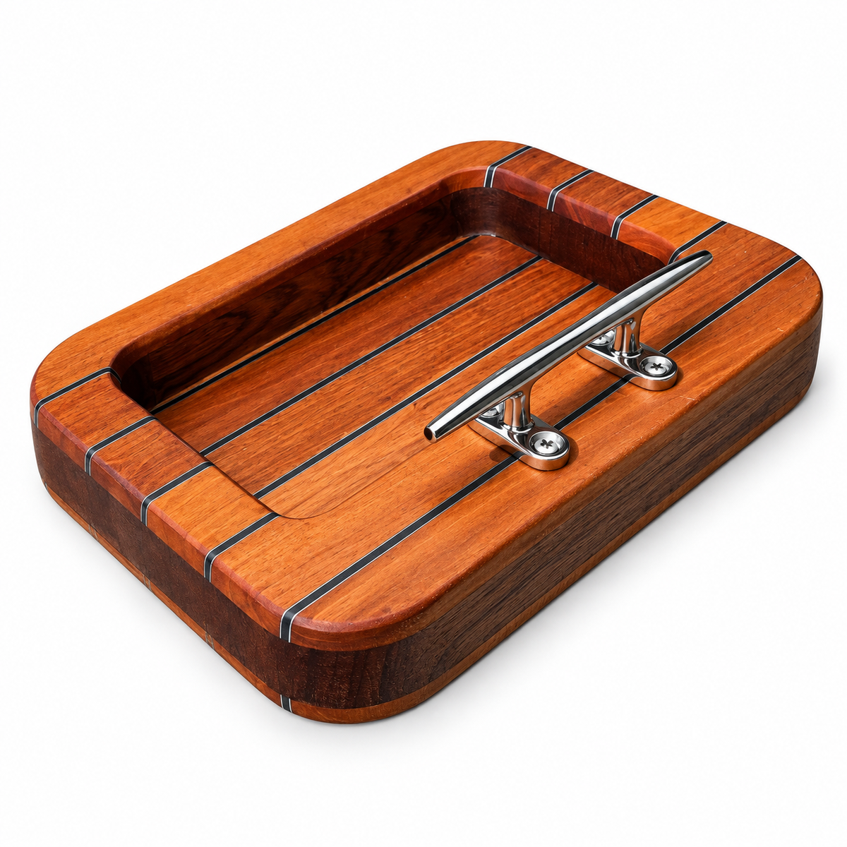 The Eagle’s Nest — Solid Mahogany Valet Tray with Yacht Decking & Cleat