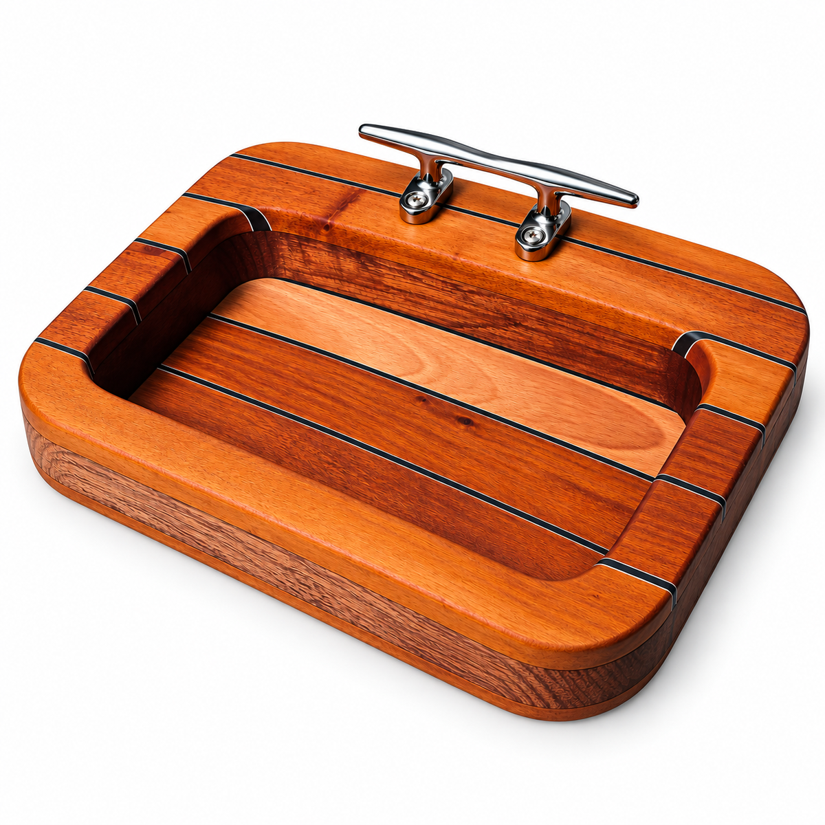 Overhead view of handcrafted mahogany valet tray showing recessed storage and yacht-inspired deck seams.