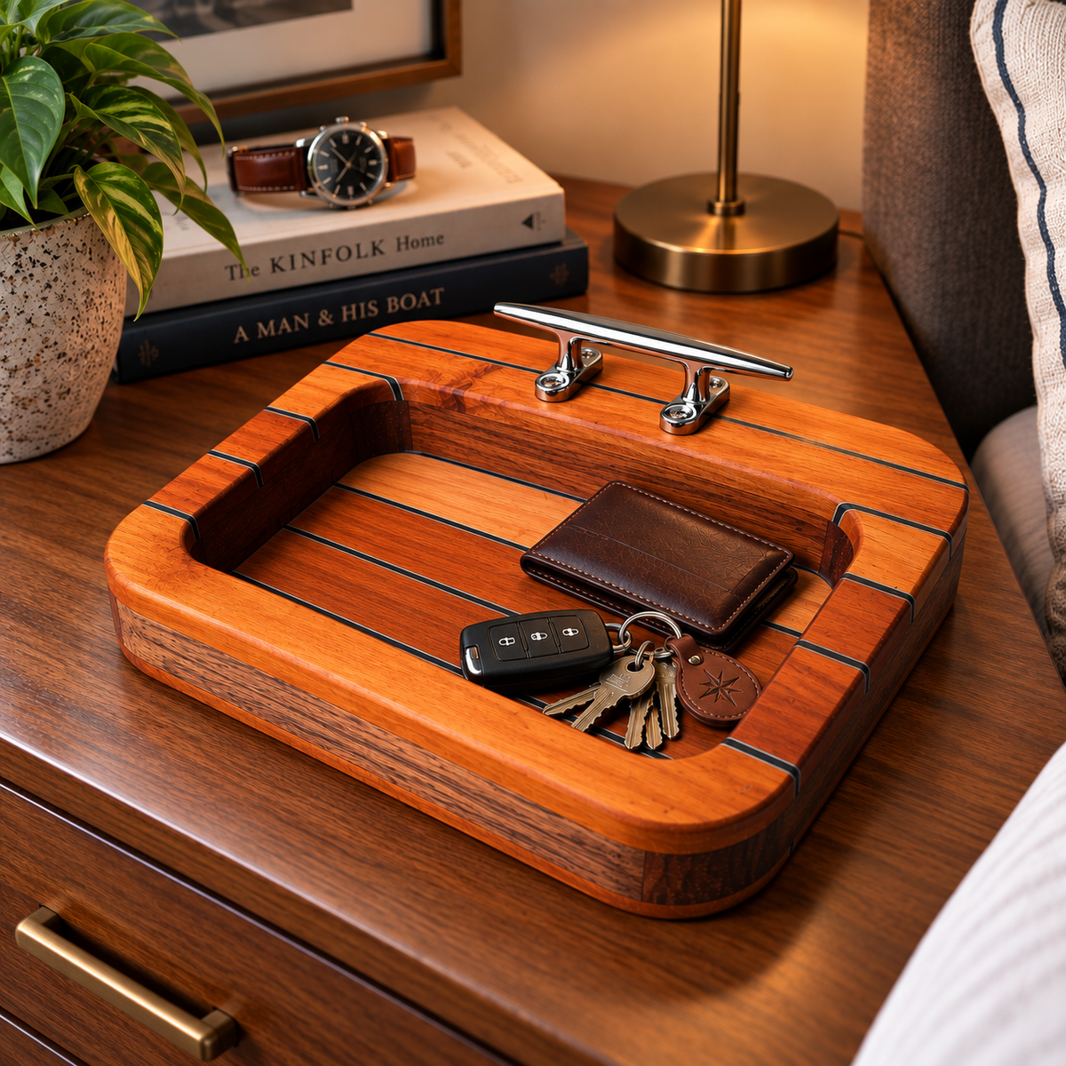 Mahogany nautical valet tray holding a leather wallet and keys on a wooden bedside table.