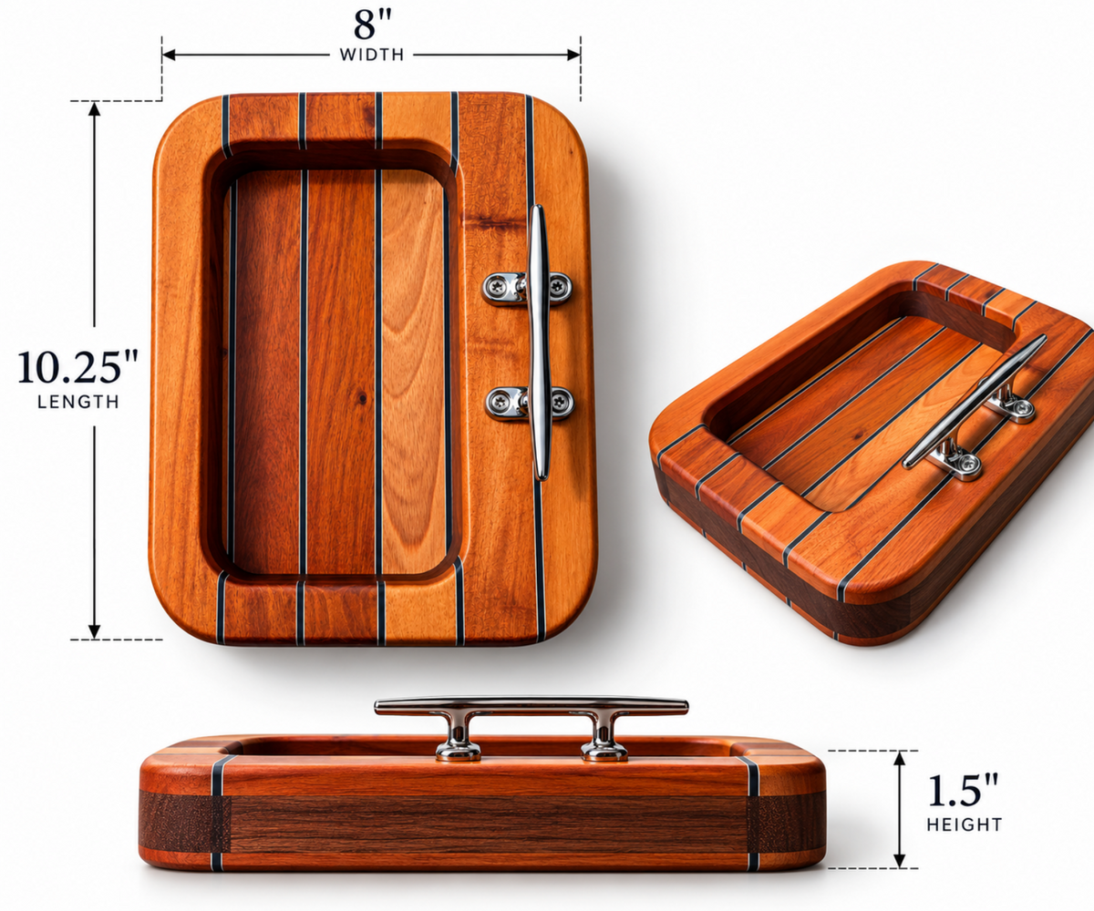 Three views of a rectangular wooden box with a hinged lid and metal handle, shown on a white background with dimension labels for width, length, and height.